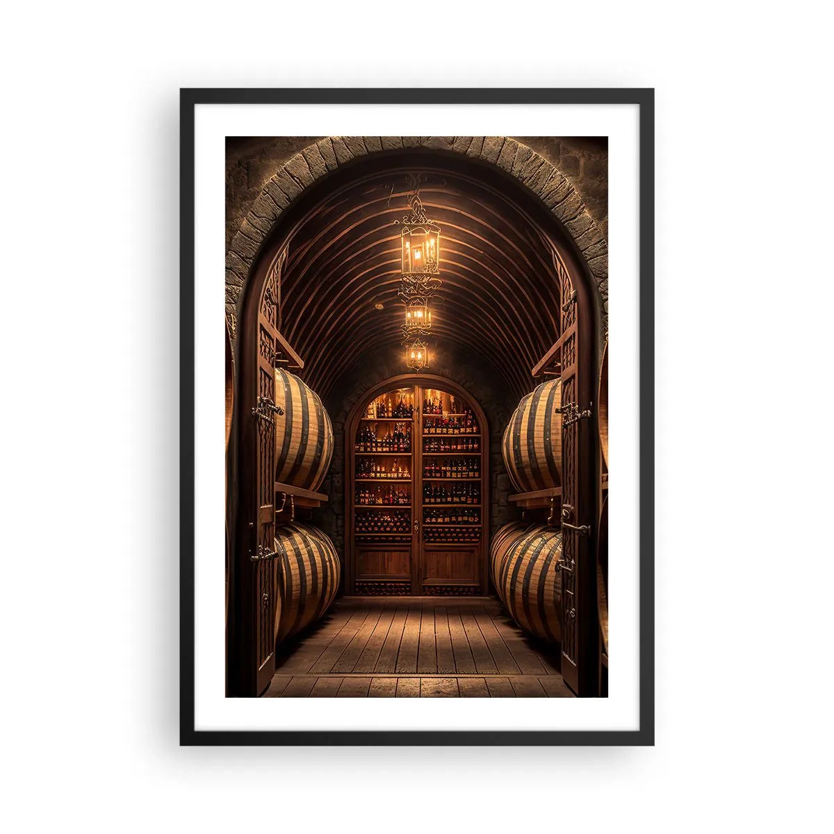 Plakat w czarnej ramie - Elegancka piwnica na wino z drewnianymi beczkami - 50x70cm - Klimatyczna piwnica - Nowoczesna dekoracja ścienna do salonu i sypialni ARTTOR