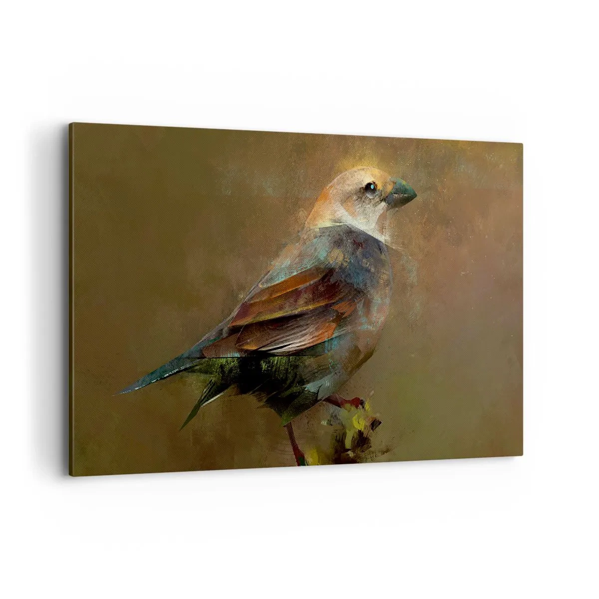 Obraz na płótnie - Wróbel w artystycznej interpretacji na tle brązowym - 100x70cm - Wróbelek, ptaszyna niewielka - Nowoczesna dekoracja ścienna do salonu, kuchni i sypialni ARTTOR