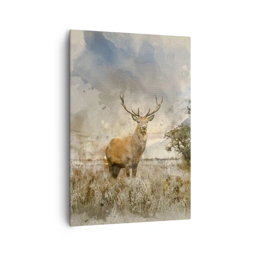 Obraz na płótnie - Jeleń w naturalnym otoczeniu w akwarelowym stylu - 70x100cm - Godność - siła - dostojeństwo - Nowoczesna dekoracja ścienna do salonu i sypialni ARTTOR