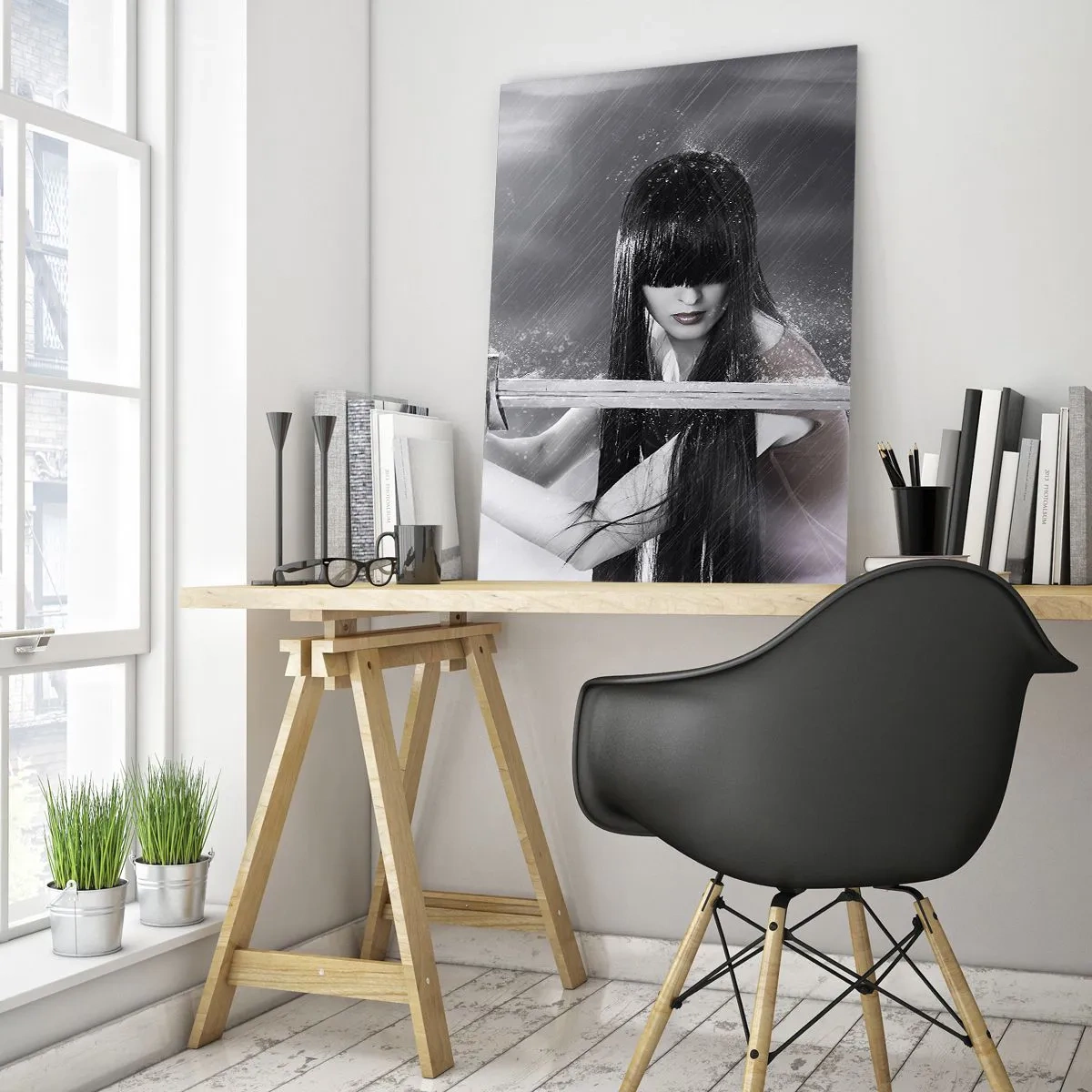 Obraz na szkle - Kobieta z mieczem w deszczu o dynamicznym i tajemniczym wyglądzie - 70x100cm - Piękna i niebezpieczna - Nowoczesna dekoracja ścienna do salonu i sypialni ARTTOR