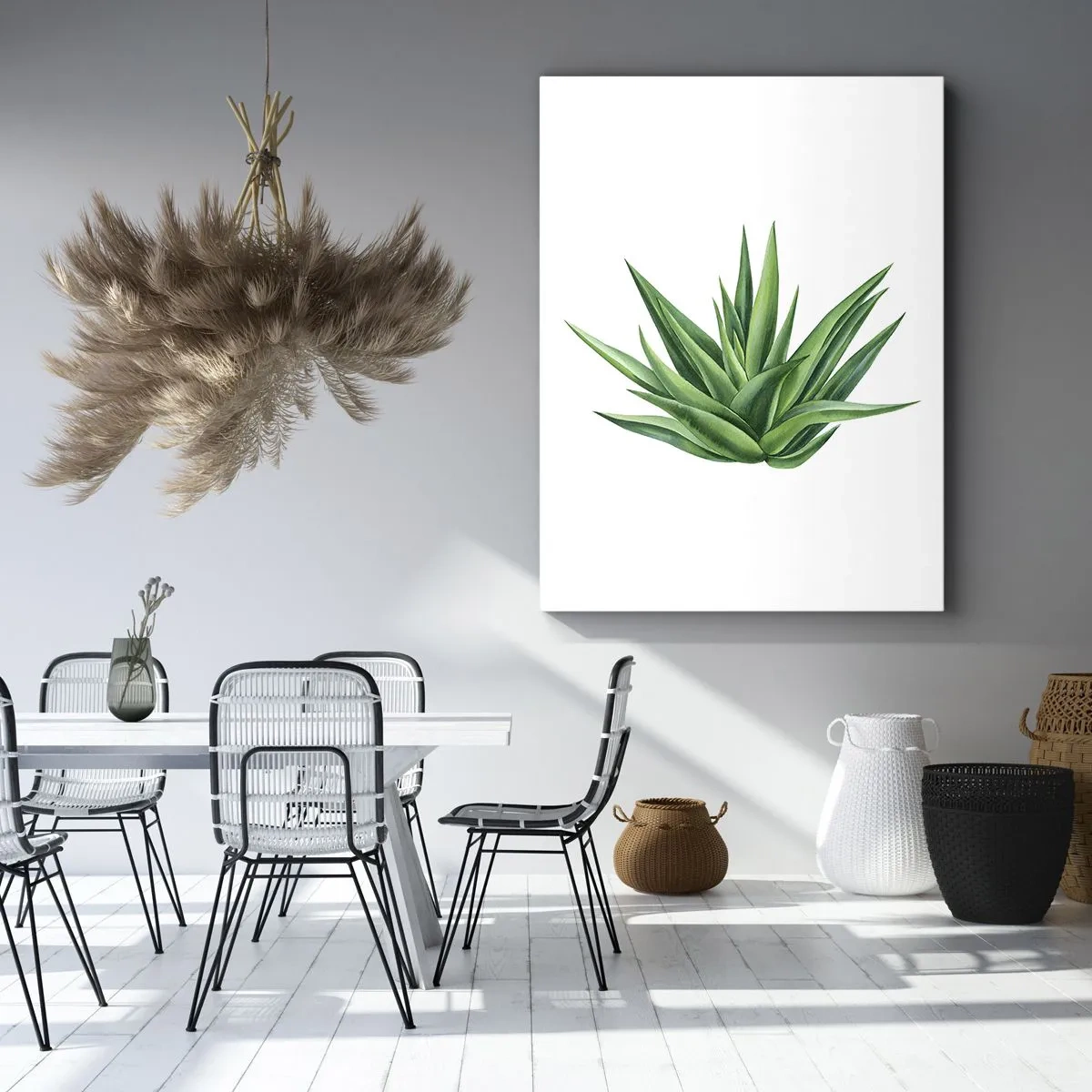 Obraz na płótnie - Realistyczna ilustracja zielonej rośliny aloesu na białym tle - 50x70cm - Zieleń – siła – życie - Nowoczesna dekoracja ścienna do salonu, kuchni i sypialni ARTTOR