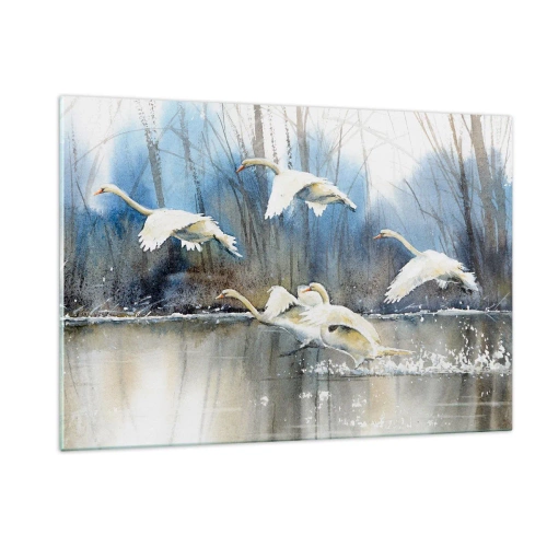Obraz na szkle - Dziko lecące łabędzie nad spokojnym leśnym jeziorem - 120x80cm - Jak w baśni o dzikich łabędziach - Nowoczesna dekoracja ścienna do salonu, kuchni i sypialni ARTTOR