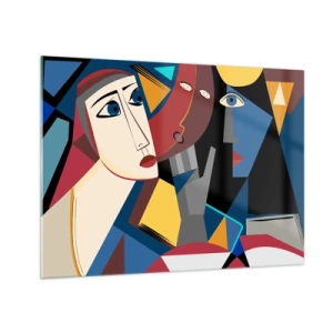 Obraz na szkle - Kubistyczne twarze w intensywnych kolorach - 70x50cm - Rozmowa kubistów - Nowoczesna dekoracja ścienna do salonu i sypialni ARTTOR