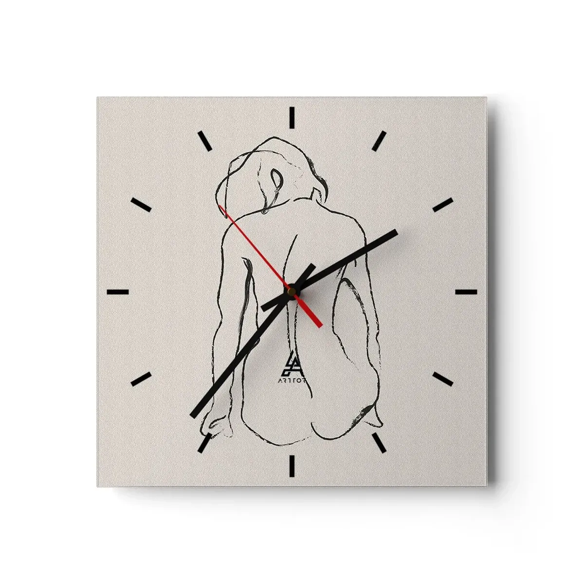 Zegar ścienny - Subtelny szkic dziewczęcej sylwetki z widokiem z tyłu - 30x30cm - Akt dziewczęcy - Nowoczesna dekoracja ścienna do salonu i sypialni ARTTOR