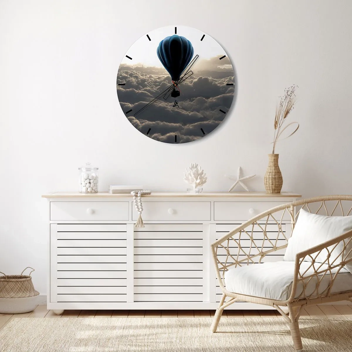 Zegar ścienny - Balon na ogrzane powietrze szybujący ponad chmurami o wschodzie słońca - 30x30cm - Wędrowiec ponad chmurami - Nowoczesna dekoracja ścienna do salonu, kuchni i sypialni ARTTOR