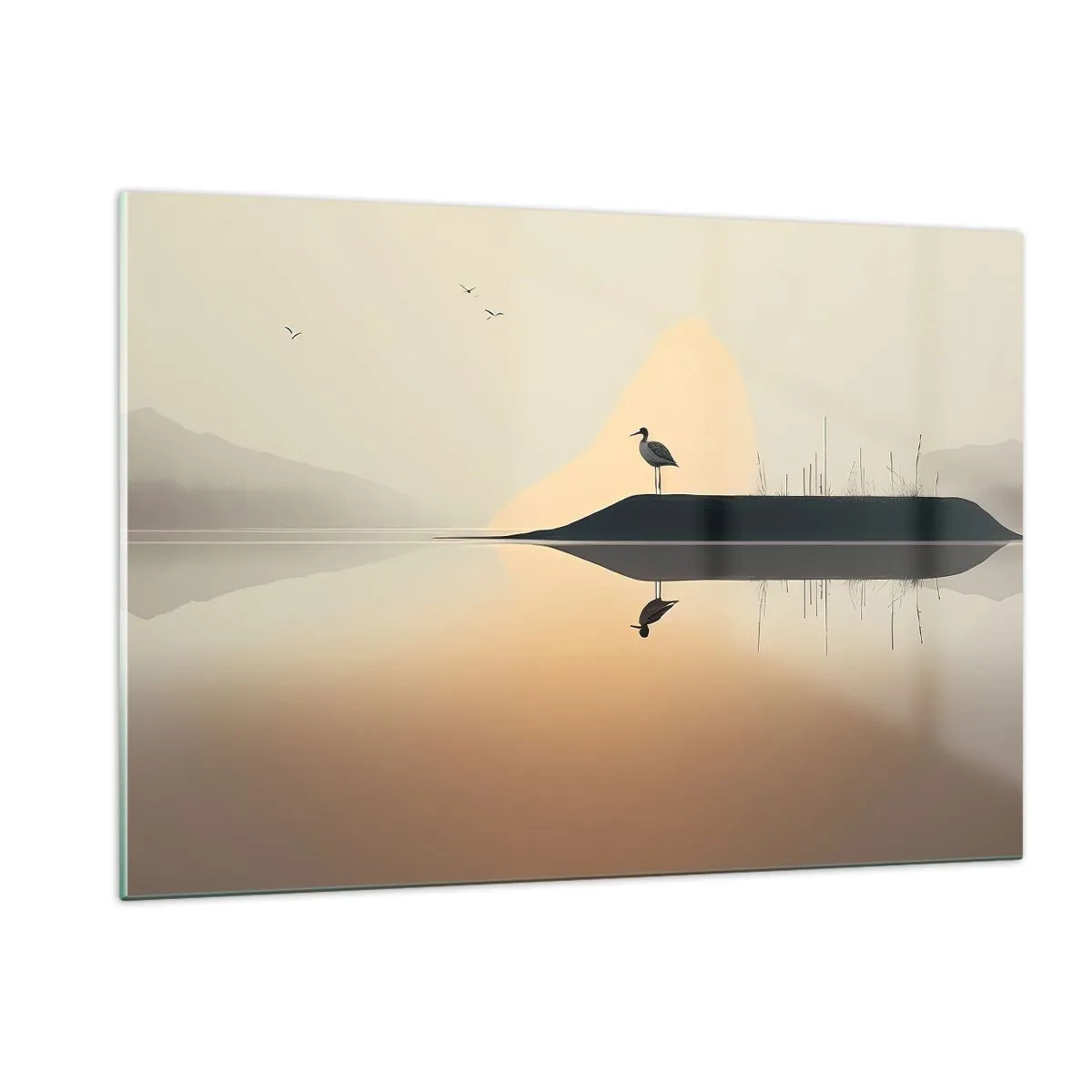 Obraz na szkle - Czapla stojąca na wysepce wśród spokojnych wód jeziora - 120x80cm - Pan na jeziorze - Nowoczesna dekoracja ścienna do salonu, kuchni i sypialni ARTTOR