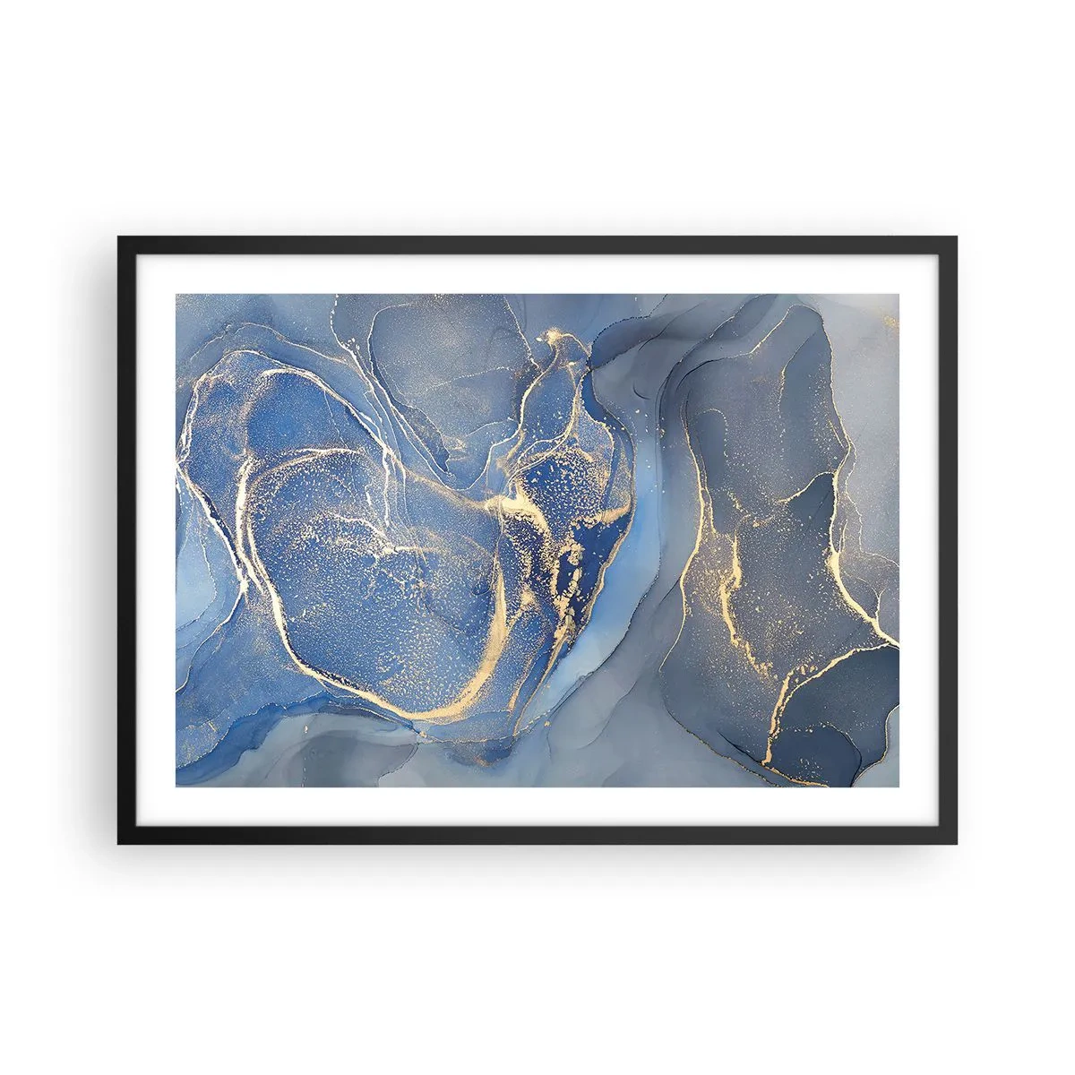 Plakat w czarnej ramie - Abstrakcyjne niebieskie wzory ze złotymi akcentami - 70x50cm - Złoty pył - Nowoczesna dekoracja ścienna do salonu i sypialni ARTTOR