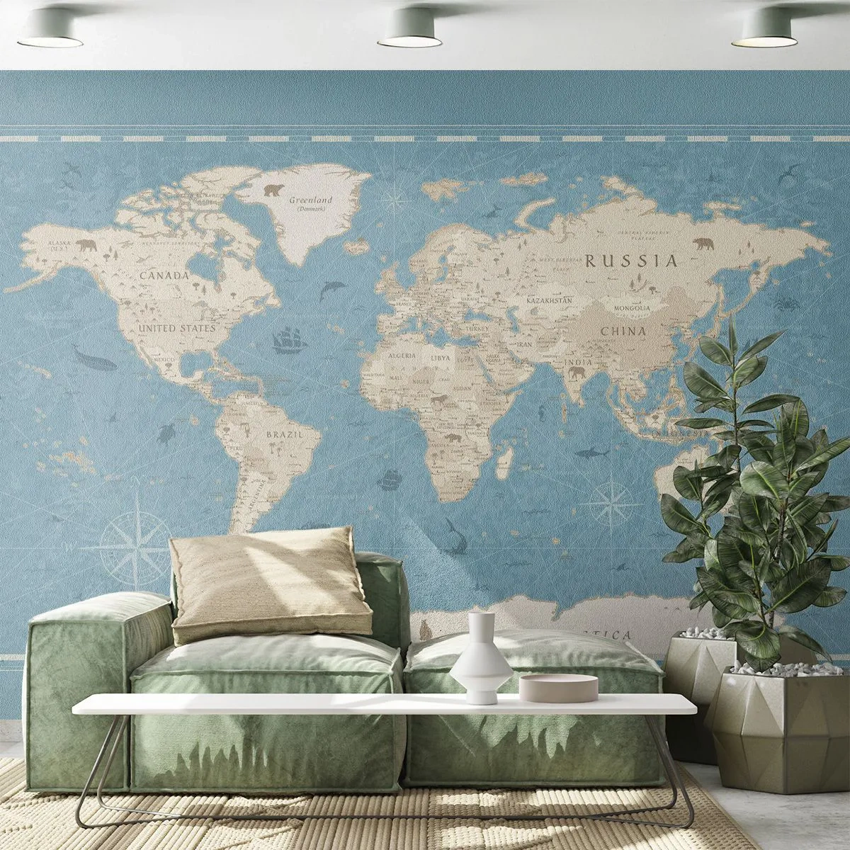 Fototapeta Premium Sand - Mapa świata w stylu vintage na niebieskim tle - 100x70cm - Świat w zasięgu ręki - Nowoczesna dekoracja ścienna do salonu, kuchni i sypialni ARTTOR