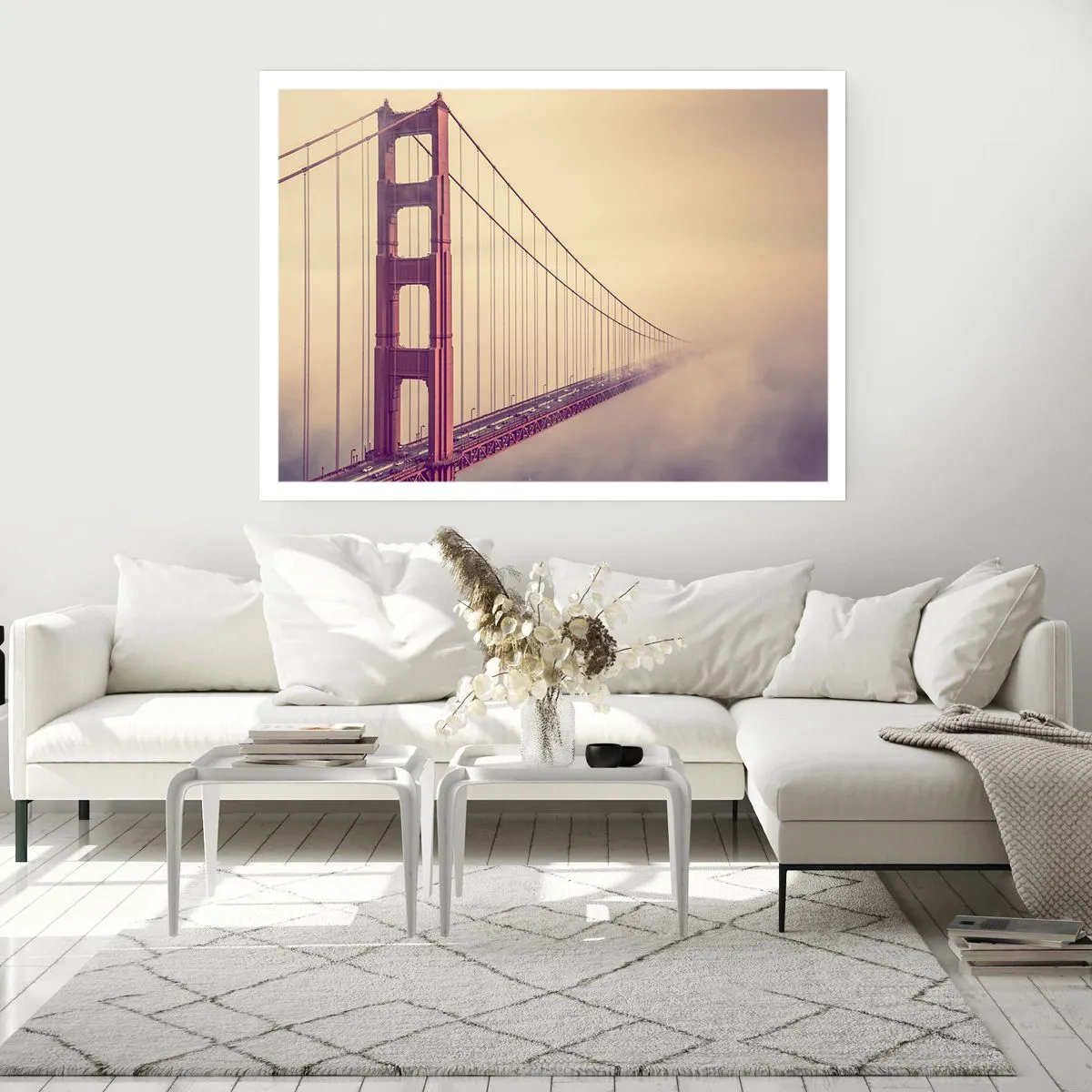 Plakat - Most w mgle w pastelowych odcieniach, symbol elegancji i spokoju - 100x70cm - Między niebem a ziemią - Nowoczesna dekoracja ścienna do salonu i sypialni ARTTOR