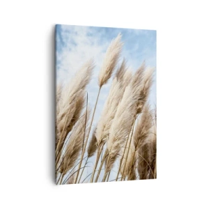Obraz na płótnie - Kłosy traw pampasowych na tle błękitnego nieba - 50x70cm - Słoneczna i wietrzna pieszczota - Nowoczesna dekoracja ścienna do salonu, kuchni i sypialni ARTTOR