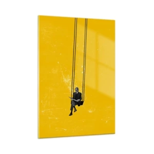 Obraz na szkle - Postać na huśtawce zawieszonej na żółtym tle - 50x70cm - Dzień jak co dzień - Nowoczesna dekoracja ścienna do salonu, kuchni i sypialni ARTTOR