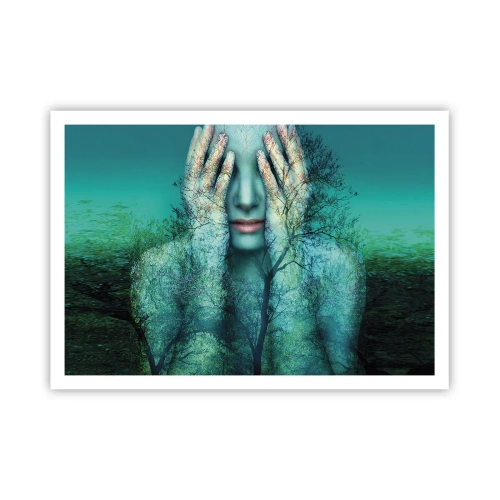 Plakat - Postać kobiety z motywem drzew na tle turkusowego krajobrazu - 100x70cm - Zanurzona w błękicie - Nowoczesna dekoracja ścienna do salonu i sypialni ARTTOR