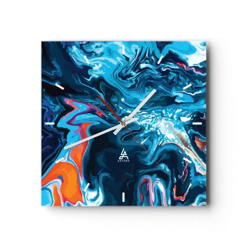 Zegar ścienny - Abstrakcyjny wzór w odcieniach niebieskiego z akcentami pomarańczu - 30x30cm - Podróż do wnętrza nieba - Nowoczesna dekoracja ścienna do salonu i sypialni ARTTOR