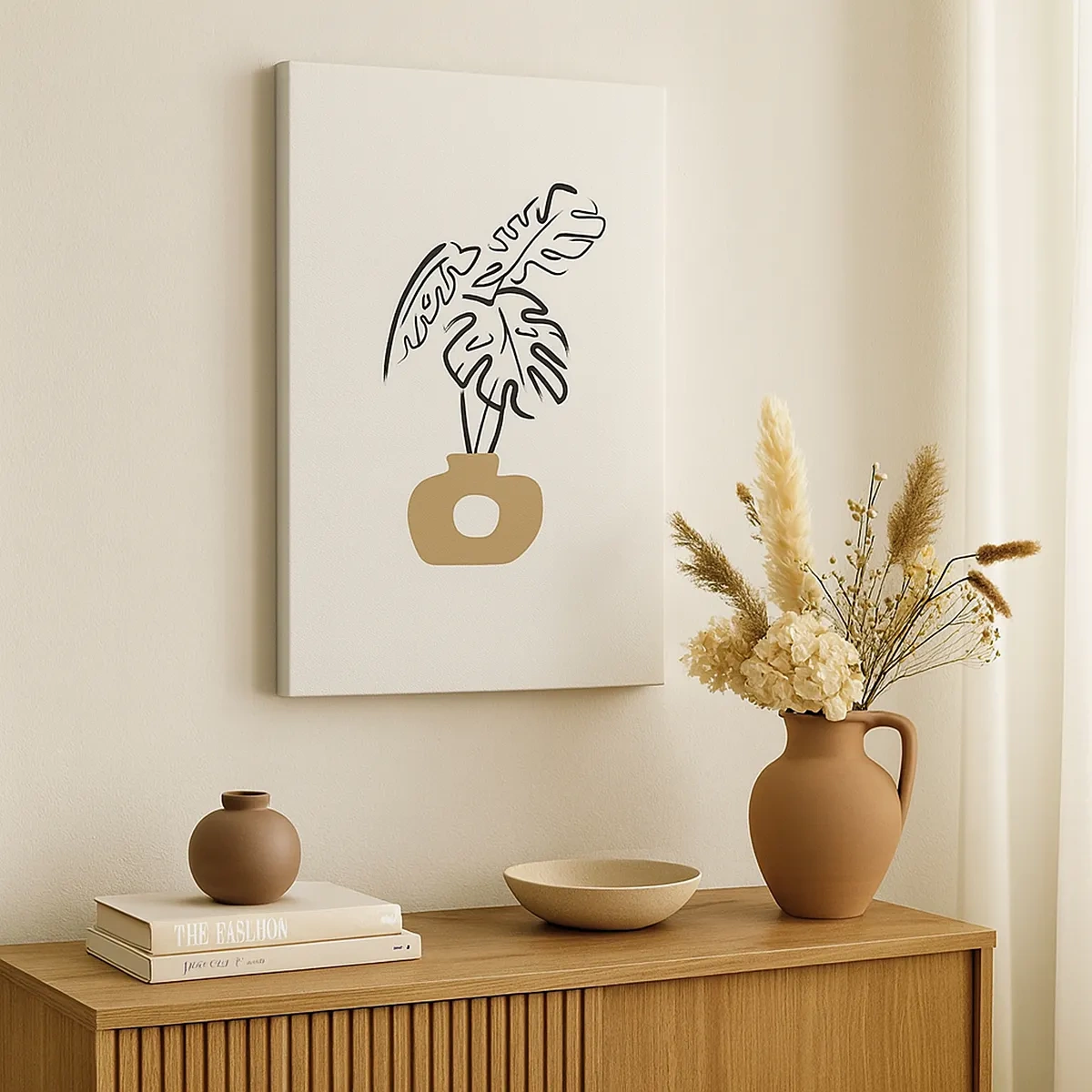 Obraz na płótnie - Minimalistyczna grafika przedstawiająca monsterę w wazonie - 50x70cm - Monstera – ozdoba domu - Nowoczesna dekoracja ścienna do salonu, kuchni i sypialni ARTTOR
