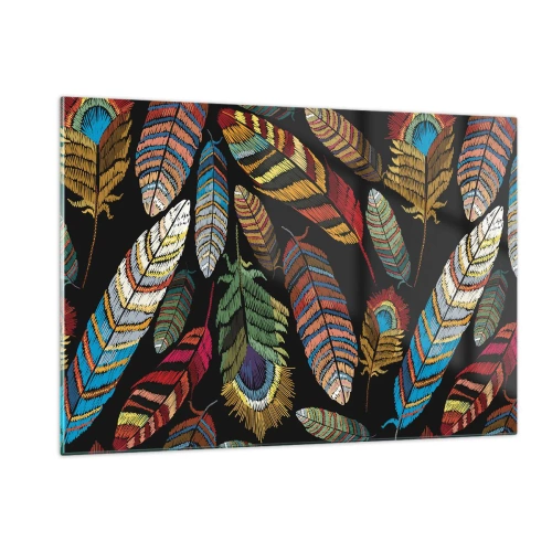 Obraz na szkle - Kolorowe pióra na ciemnym tle w artystycznym wzorze - 120x80cm - Ptasi karnawał - Nowoczesna dekoracja ścienna do salonu, kuchni i sypialni ARTTOR