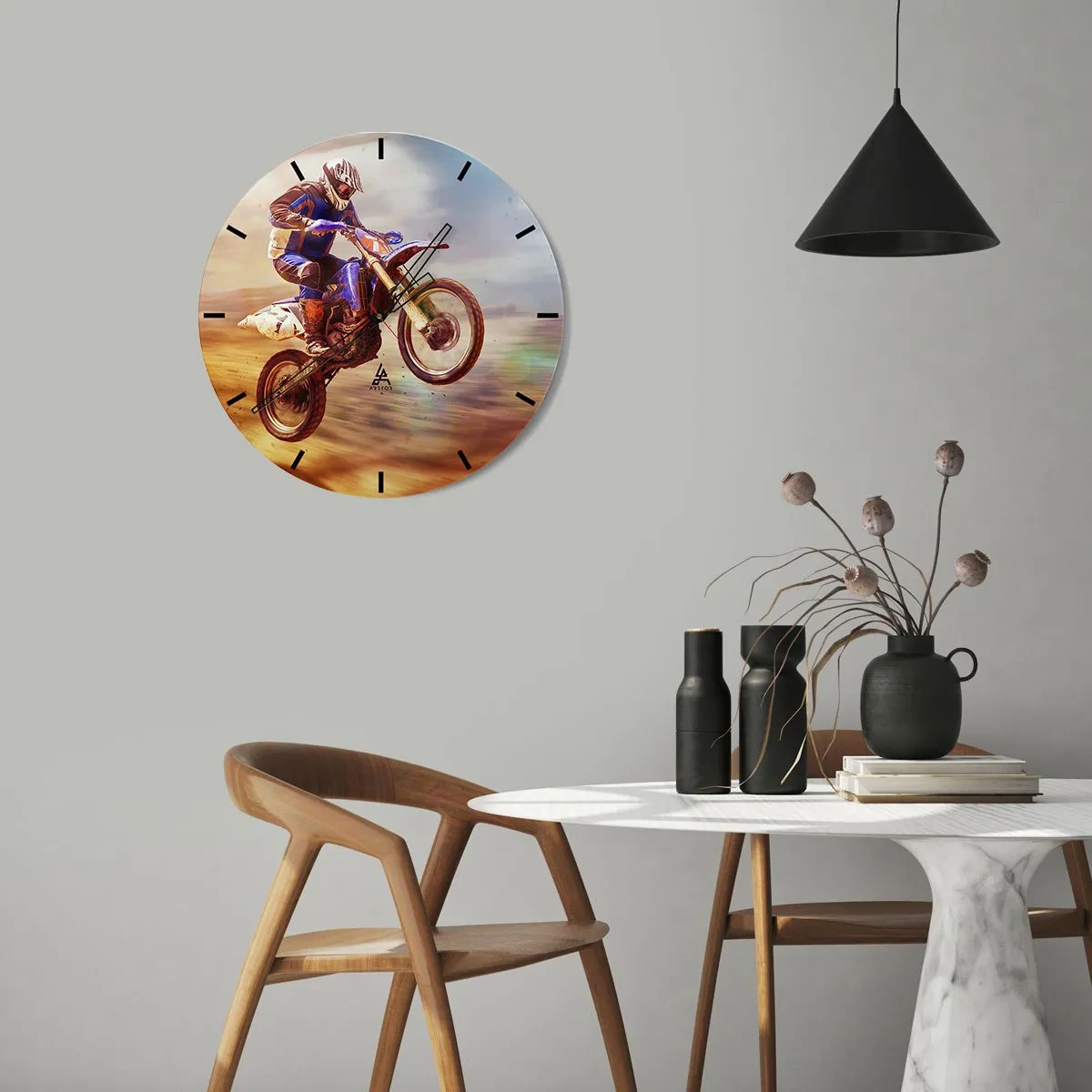 Zegar ścienny - Zawodnik na motocyklu crossowym w dynamicznym ujęciu - 30x30cm - Motocyklowy zawrót głowy - Nowoczesna dekoracja ścienna do salonu, kuchni i sypialni ARTTOR