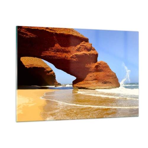 Obraz na szkle - Czerwone skalne łuki nad plażą i oceanem - 120x80cm - Woda i wiatr przez tysiące lat - Nowoczesna dekoracja ścienna do salonu, kuchni i sypialni ARTTOR