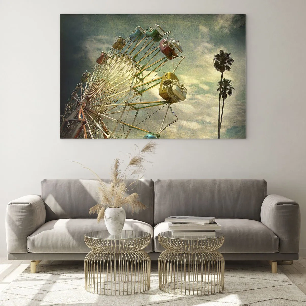 Obraz na szkle - Diabelski młyn na tle nieba i palm w stylu retro - 70x50cm - Będzie, będzie zabawa… - Nowoczesna dekoracja ścienna do salonu i sypialni ARTTOR