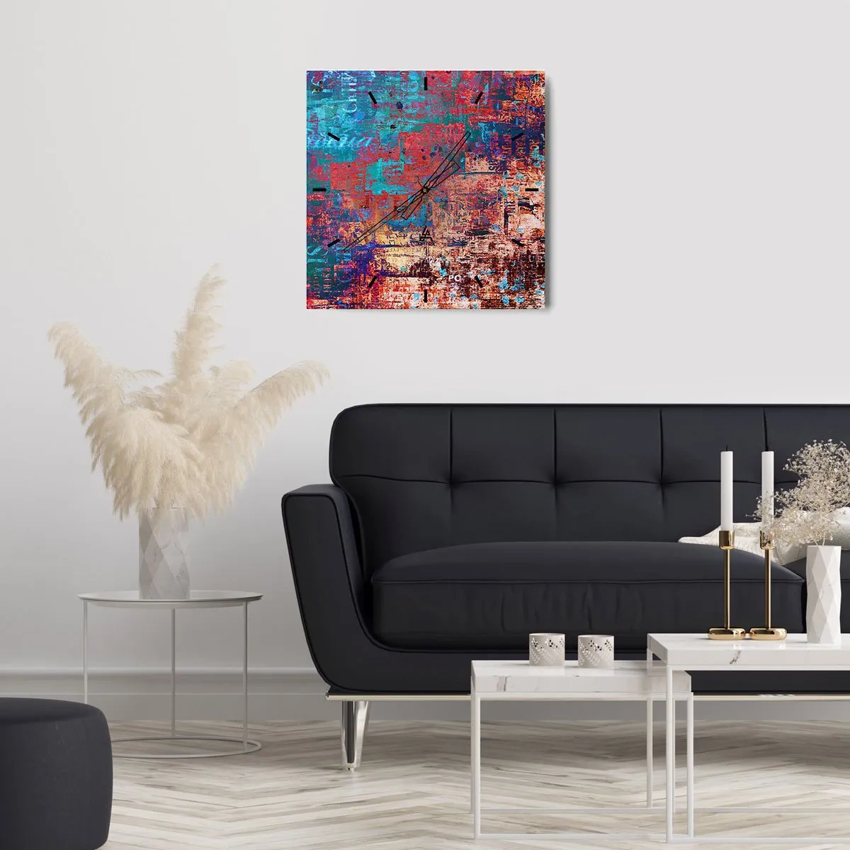Zegar ścienny - Abstrakcyjna kompozycja z mieszanką intensywnych kolorów - 30x30cm - Pamięć i niepamięć - Nowoczesna dekoracja ścienna do salonu i sypialni ARTTOR