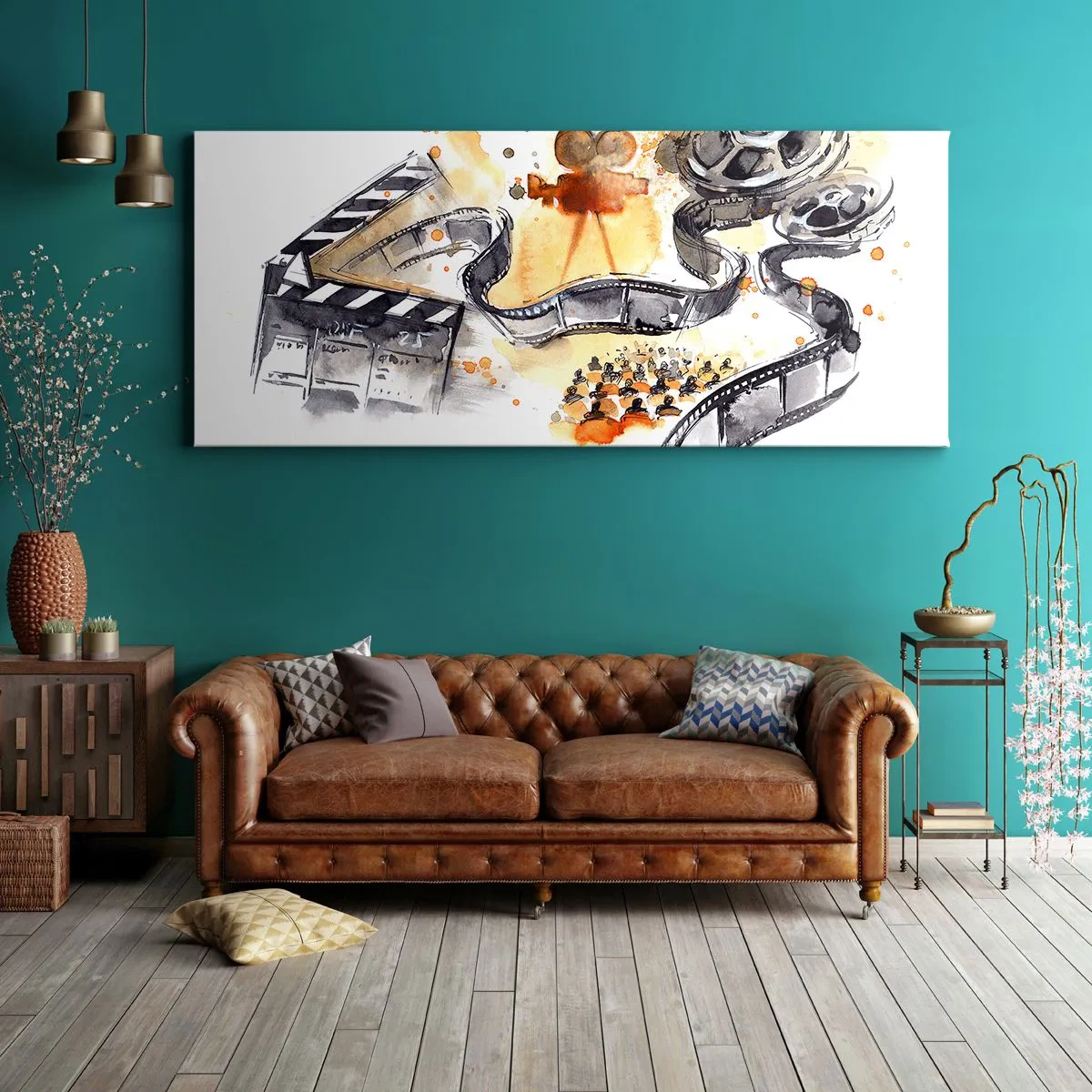 Obraz na płótnie - Symbolika kina z filmową taśmą w artystycznej akwareli - 120x50cm - W krainie snów - Nowoczesna dekoracja ścienna do salonu i sypialni ARTTOR