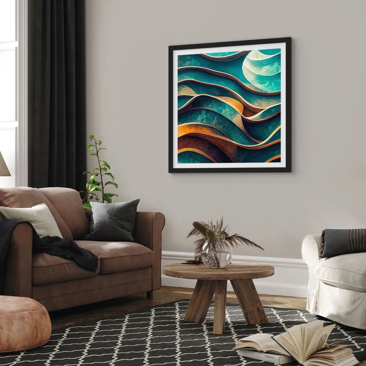 Plakat w czarnej ramie - Meandry błękitu - 60x60 cm