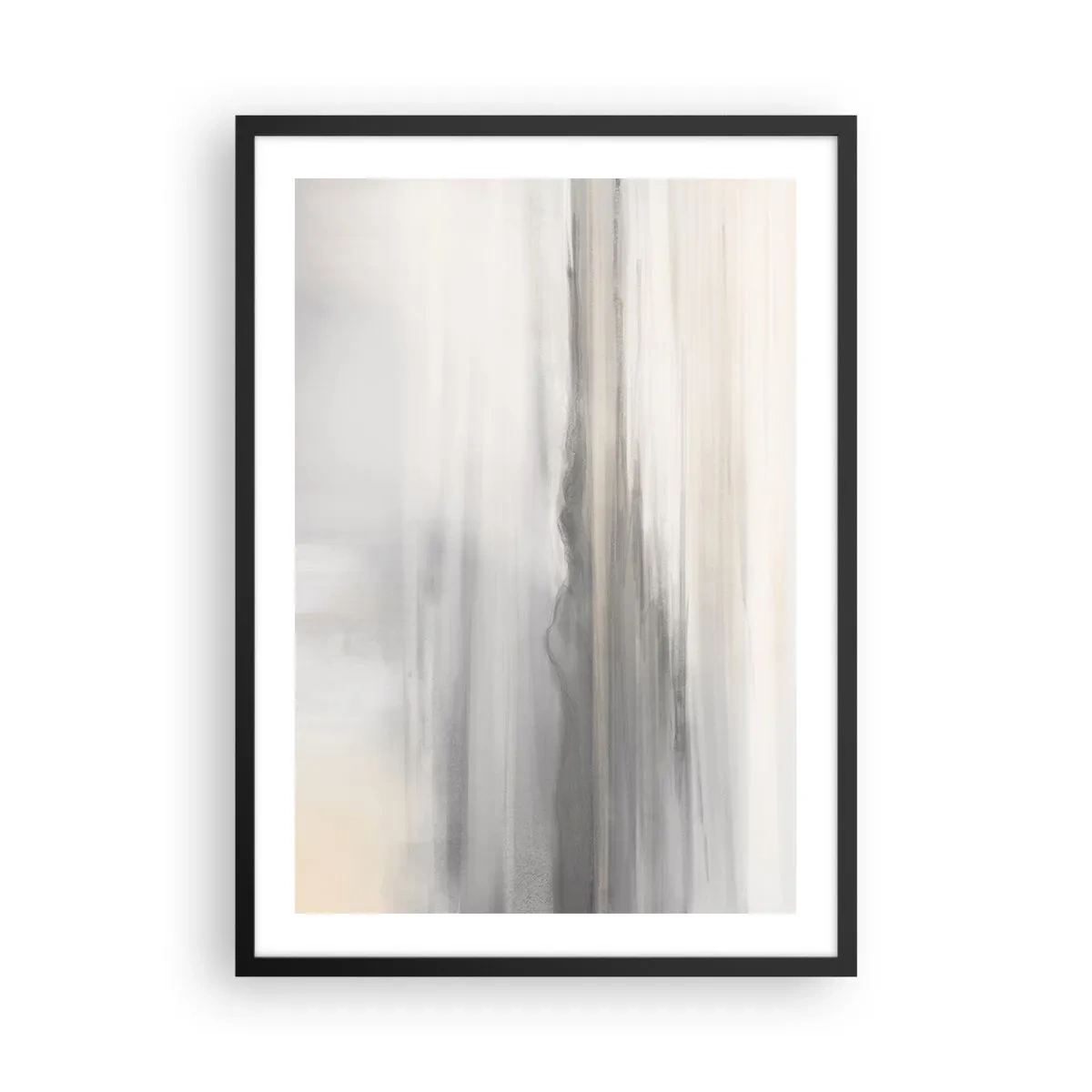 Plakat w czarnej ramie - Subtelne pionowe smugi w odcieniach szarości i beżu - 50x70cm - Zamyślona dal - Nowoczesna dekoracja ścienna do salonu i sypialni ARTTOR