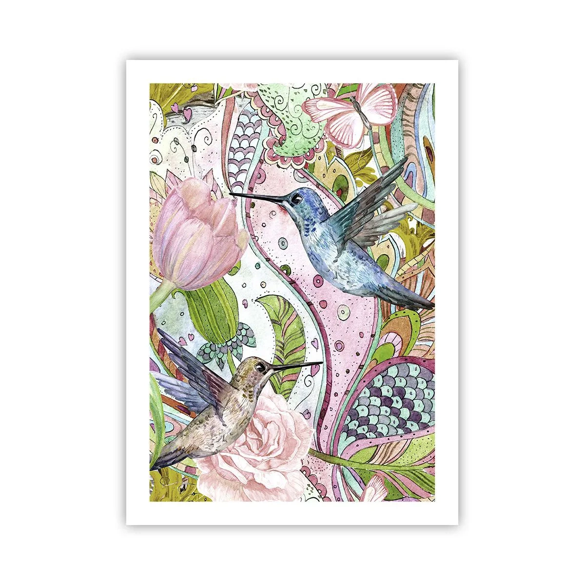 Plakat - Kolorowe kolibry na tle kwiatów i wzorów - 50x70cm - Wplątane w pnączach - Nowoczesna dekoracja ścienna do salonu, kuchni i sypialni ARTTOR