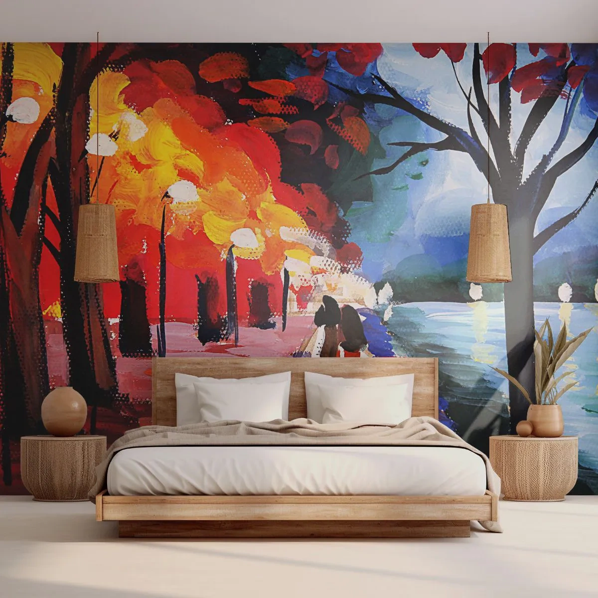 Fototapeta Premium Sand - Romantyczny spacer alejką przy jeziorze w świetle lamp - 100x70cm - Płomienna jesień w parku - Nowoczesna dekoracja ścienna do salonu, kuchni i sypialni ARTTOR