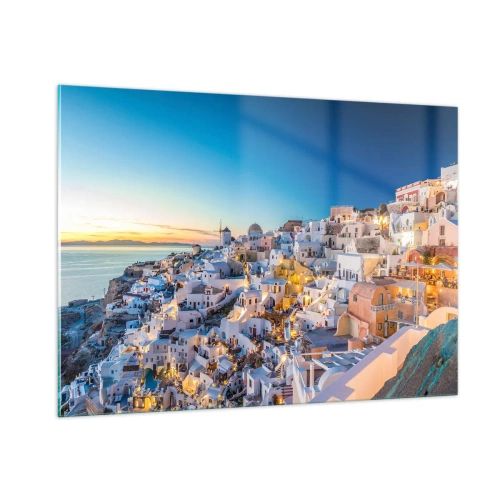 Obraz na szkle - Panorama Santorini o zachodzie słońca - 100x70cm - Esencja greckości - Nowoczesna dekoracja ścienna do salonu, kuchni i sypialni ARTTOR