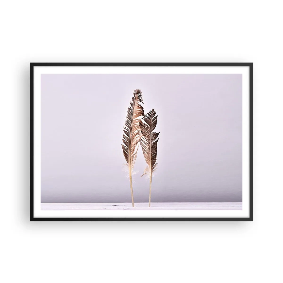 Plakat w czarnej ramie - Delikatne pióra na jasnym tle w minimalistycznym stylu - 100x70cm - Przeciw nicości - Nowoczesna dekoracja ścienna do salonu i sypialni ARTTOR
