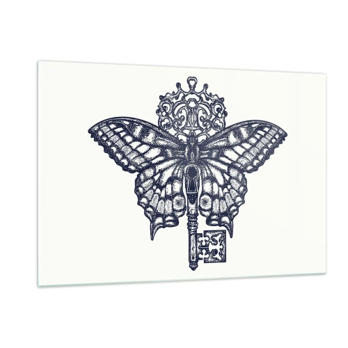 Obraz na szkle - Ilustracja przedstawiająca motyla z kluczem w centrum - 120x80cm - Wszystkie tajemnice serca - Nowoczesna dekoracja ścienna do salonu, kuchni i sypialni ARTTOR