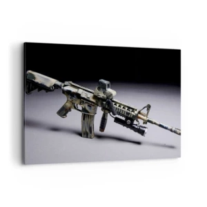 Obraz na płótnie - Nowoczesna broń w kolorze kamuflażu na ciemnym tle - 100x70cm - Zawsze grożny - Nowoczesna dekoracja ścienna do salonu, kuchni i sypialni ARTTOR