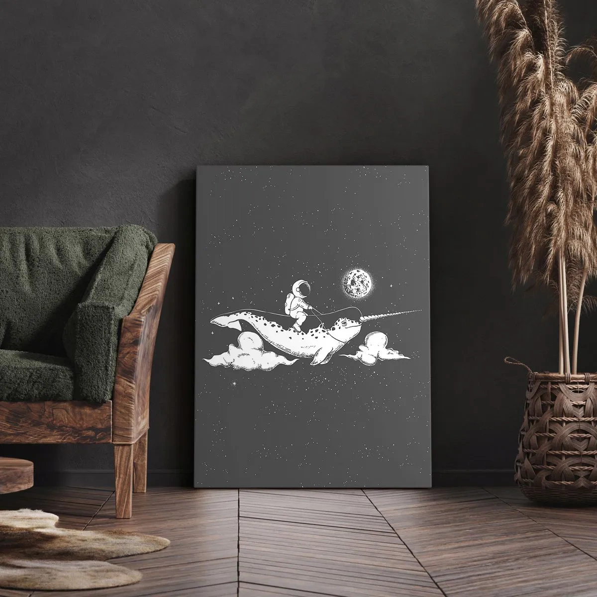 Obraz na płótnie - Astronauta na grzbiecie narwala unoszącego się w kosmicznej scenerii - 80x120cm - Kosmiczny jeździec - Nowoczesna dekoracja ścienna do salonu i sypialni ARTTOR