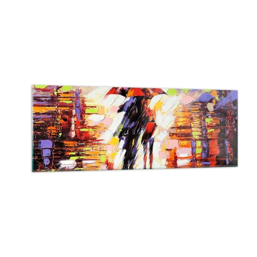 Obraz na szkle - Abstrakcyjna scena spaceru pod parasolem w deszczową noc - 140x50cm - Razem przez noc i deszcz - Nowoczesna dekoracja ścienna do salonu i sypialni ARTTOR