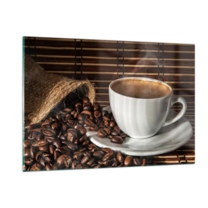 Obraz na szkle - Filiżanka kawy z ziarnami na rustykalnym tle - 120x80cm - Czarność węgla, przejrzystość bursztynu - Nowoczesna dekoracja ścienna do salonu, kuchni i sypialni ARTTOR