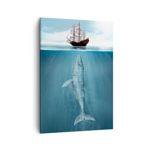 Obraz na płótnie - Statek żaglowy na powierzchni oceanu, pod nim zanurzony wieloryb - 50x70cm - Lepiej nie wiedzieć - Nowoczesna dekoracja ścienna do salonu, kuchni i sypialni ARTTOR