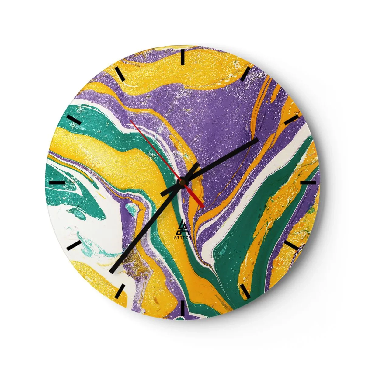 Zegar ścienny - Abstrakcyjne wzory w odcieniach fioletu, żółci i zieleni - 30x30cm - Fale barw - Nowoczesna dekoracja ścienna do salonu, kuchni i sypialni ARTTOR