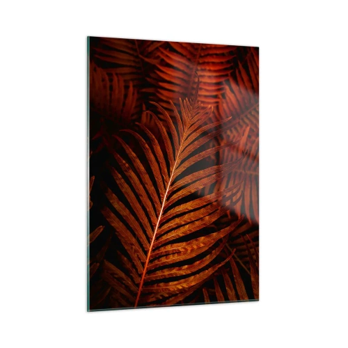 Obraz na szkle - Czerwone liście tropikalnej rośliny na ciemnym tle - 50x70cm - Żar życia - Nowoczesna dekoracja ścienna do salonu, kuchni i sypialni ARTTOR