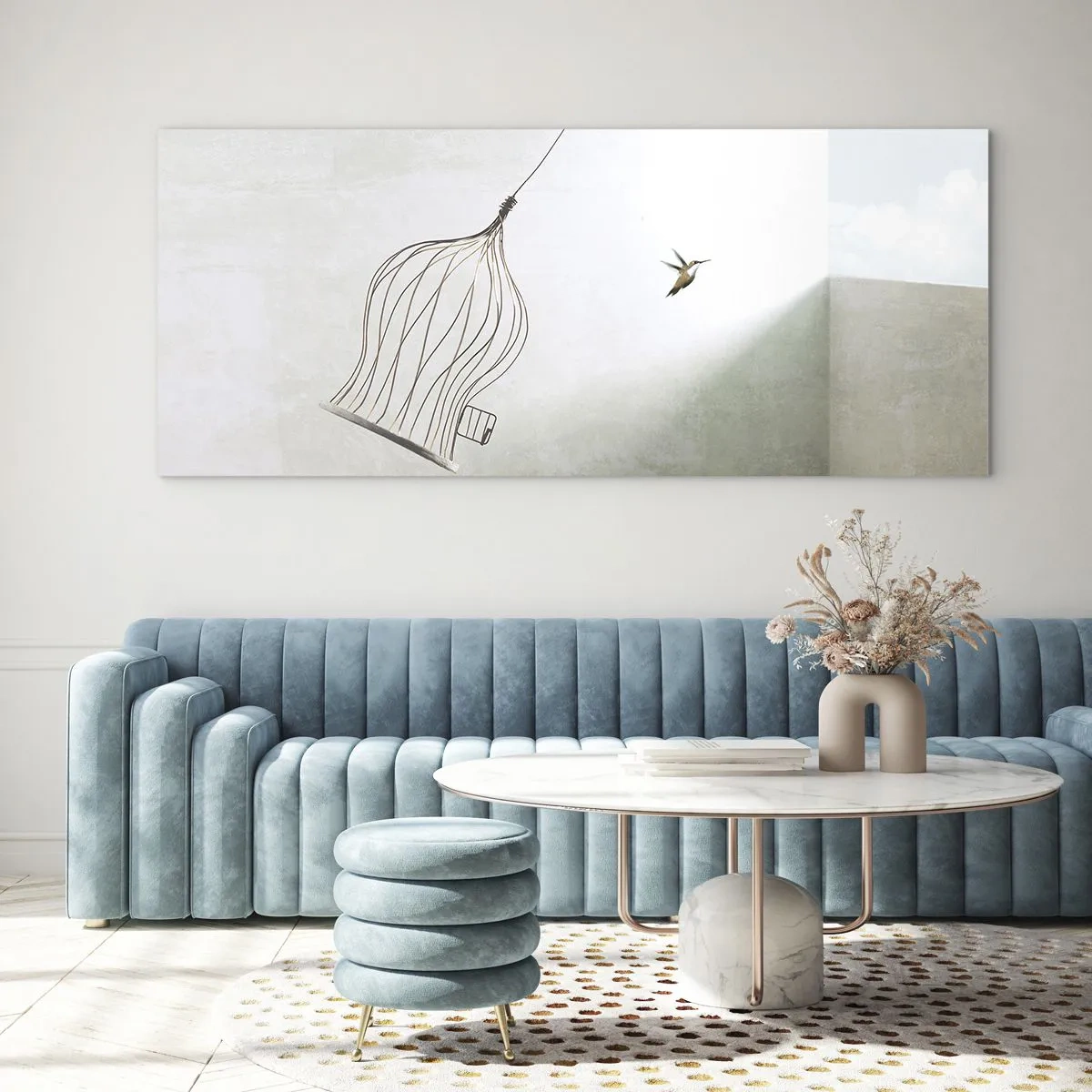 Obraz na szkle - Ptaszek uwolniony z klatki na tle jasnego nieba - 140x50cm - W swoim żywiole - Nowoczesna dekoracja ścienna do salonu i sypialni ARTTOR