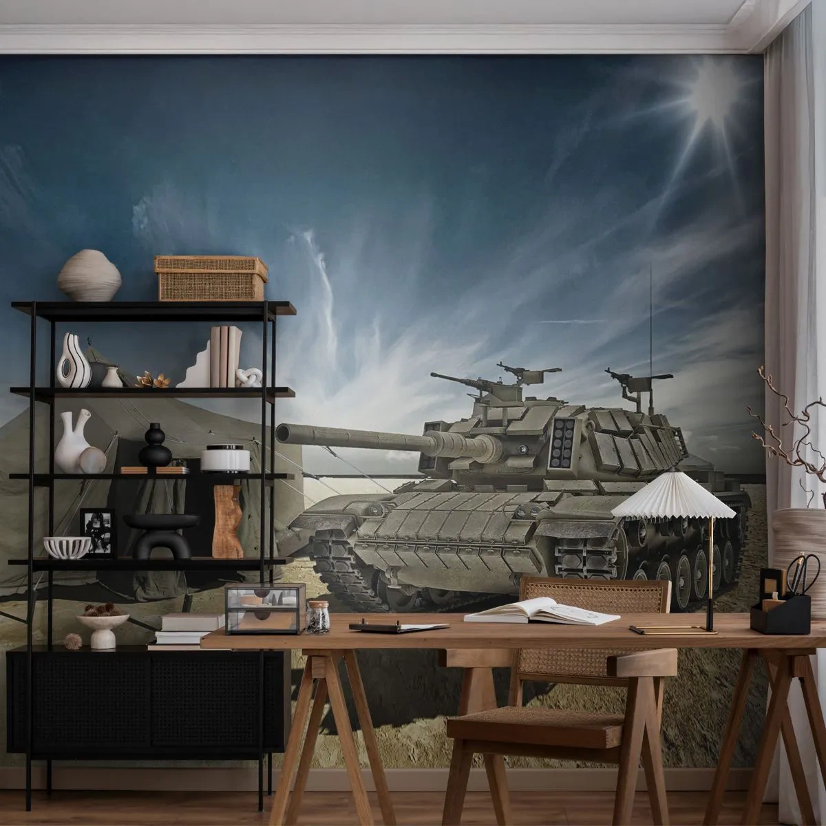 Fototapeta Premium Sand - Czołg obok wojskowego namiotu na pustynnym terenie - 100x70cm - Militarny sen - Nowoczesna dekoracja ścienna do salonu, kuchni i sypialni ARTTOR