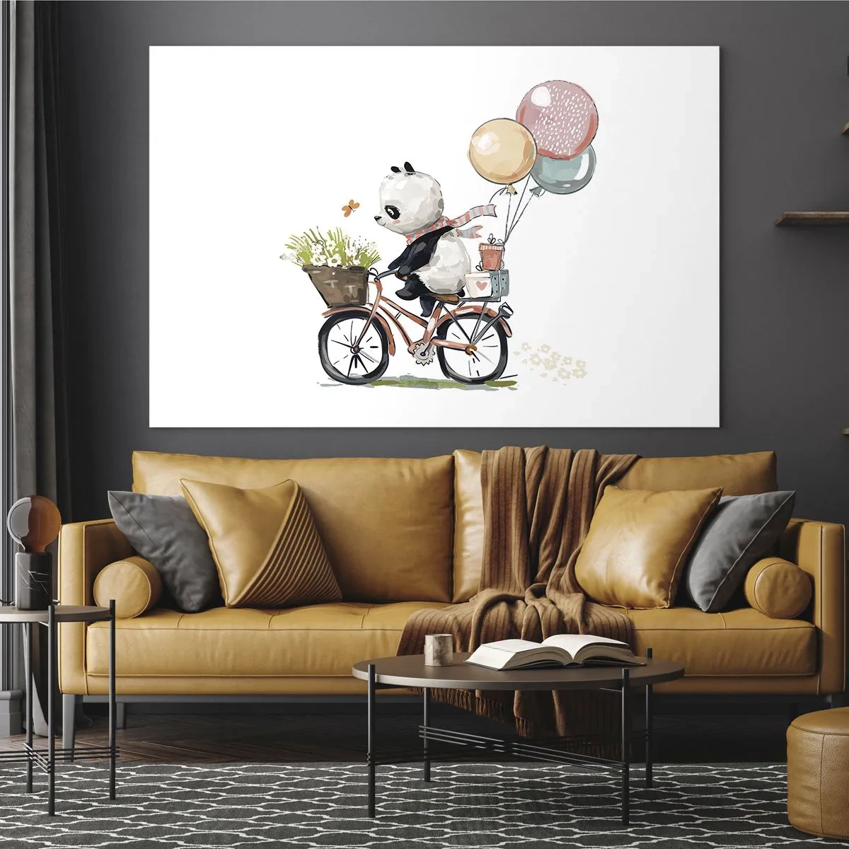 Obraz na szkle - Panda jadąca na rowerze z balonami i koszykiem kwiatów - 100x70cm - Szczęśliwy dzień - Nowoczesna dekoracja ścienna do salonu, kuchni i sypialni ARTTOR