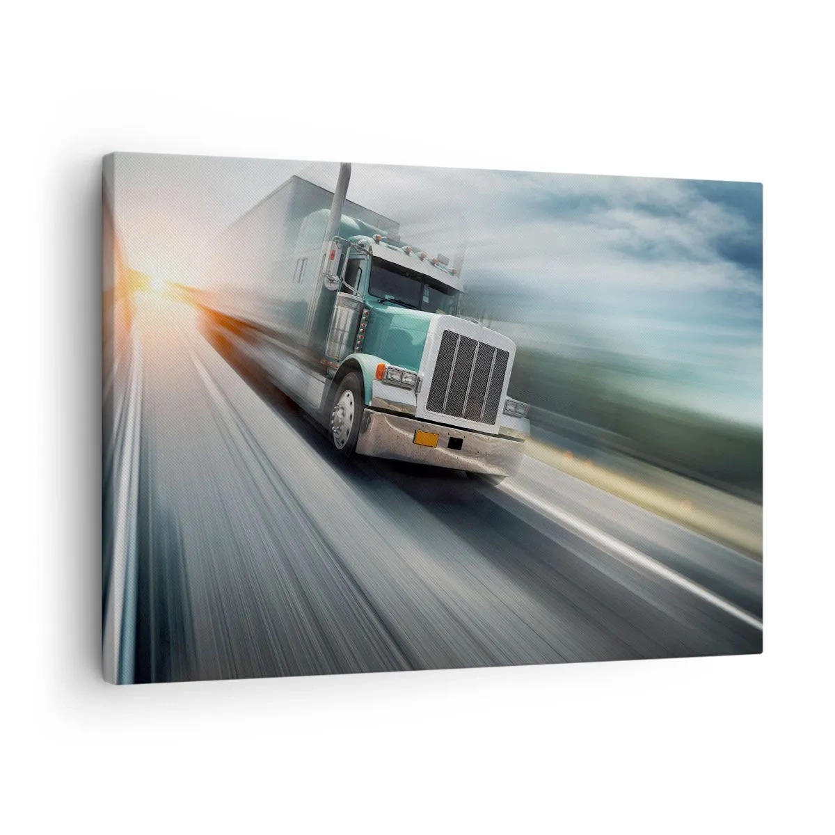 Obraz na płótnie - Ciężarówka na autostradzie w ruchu przy zachodzie słońca - 70x50cm - Amerykański olbrzym w pędzie - Nowoczesna dekoracja ścienna do salonu i sypialni ARTTOR