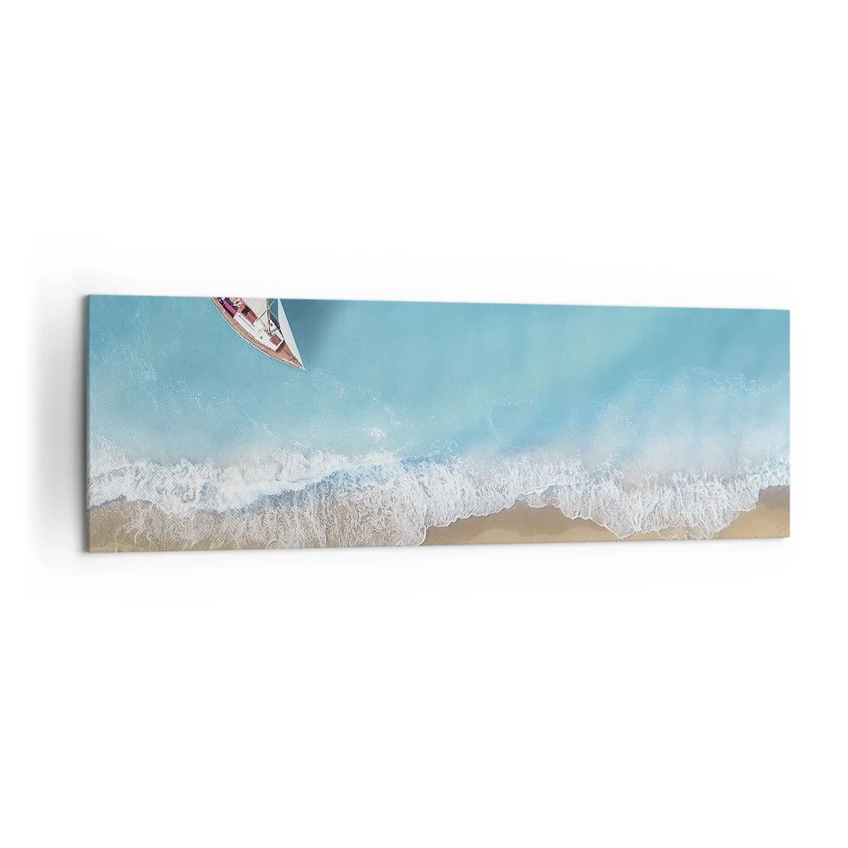 Obraz na płótnie - Łódka przy plaży w widoku z lotu ptaka - 160x50cm - Na granicy błękitu i złota - Nowoczesna dekoracja ścienna do salonu i sypialni ARTTOR