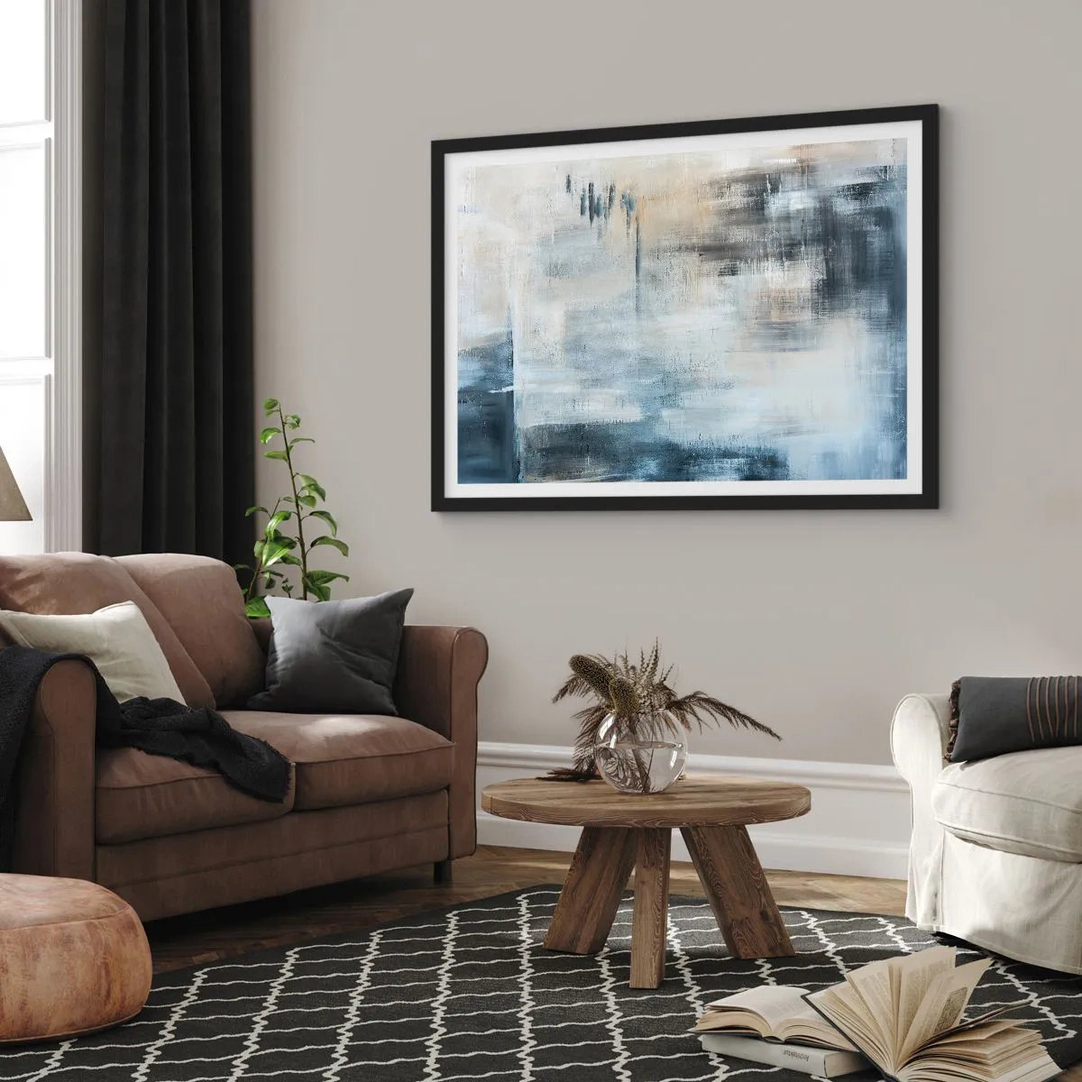 Plakat w czarnej ramie - Abstrakcyjna kompozycja w odcieniach błękitu i szarości - 70x50cm - Za zasłoną błękitu - Nowoczesna dekoracja ścienna do salonu i sypialni ARTTOR