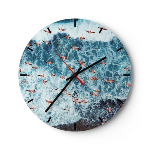 Zegar ścienny - Stado flamingów nad morskimi falami widziane z lotu ptaka - 30x30cm - Nadmorska parada - Nowoczesna dekoracja ścienna do salonu, kuchni i sypialni ARTTOR