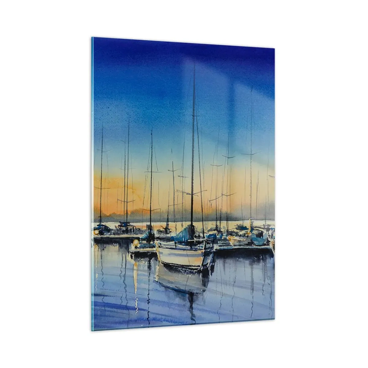 Obraz na szkle - Żaglówki w porcie o zachodzie słońca - 50x70cm - Koniec dobrego dnia - Nowoczesna dekoracja ścienna do salonu, kuchni i sypialni ARTTOR