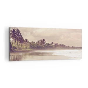 Obraz na płótnie - Plaża z palmami i delikatnymi falami o poranku - 120x50cm - Pieszczota fal - Nowoczesna dekoracja ścienna do salonu i sypialni ARTTOR