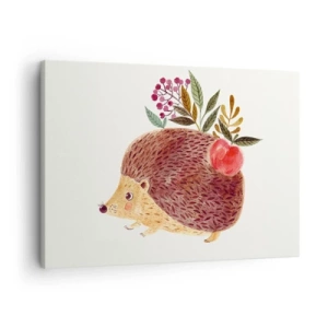 Obraz na płótnie - Uroczy jeżyk z jabłkiem i roślinami w ilustracyjnym stylu - 70x50cm - I już mnie lubisz - Nowoczesna dekoracja ścienna do salonu i sypialni ARTTOR