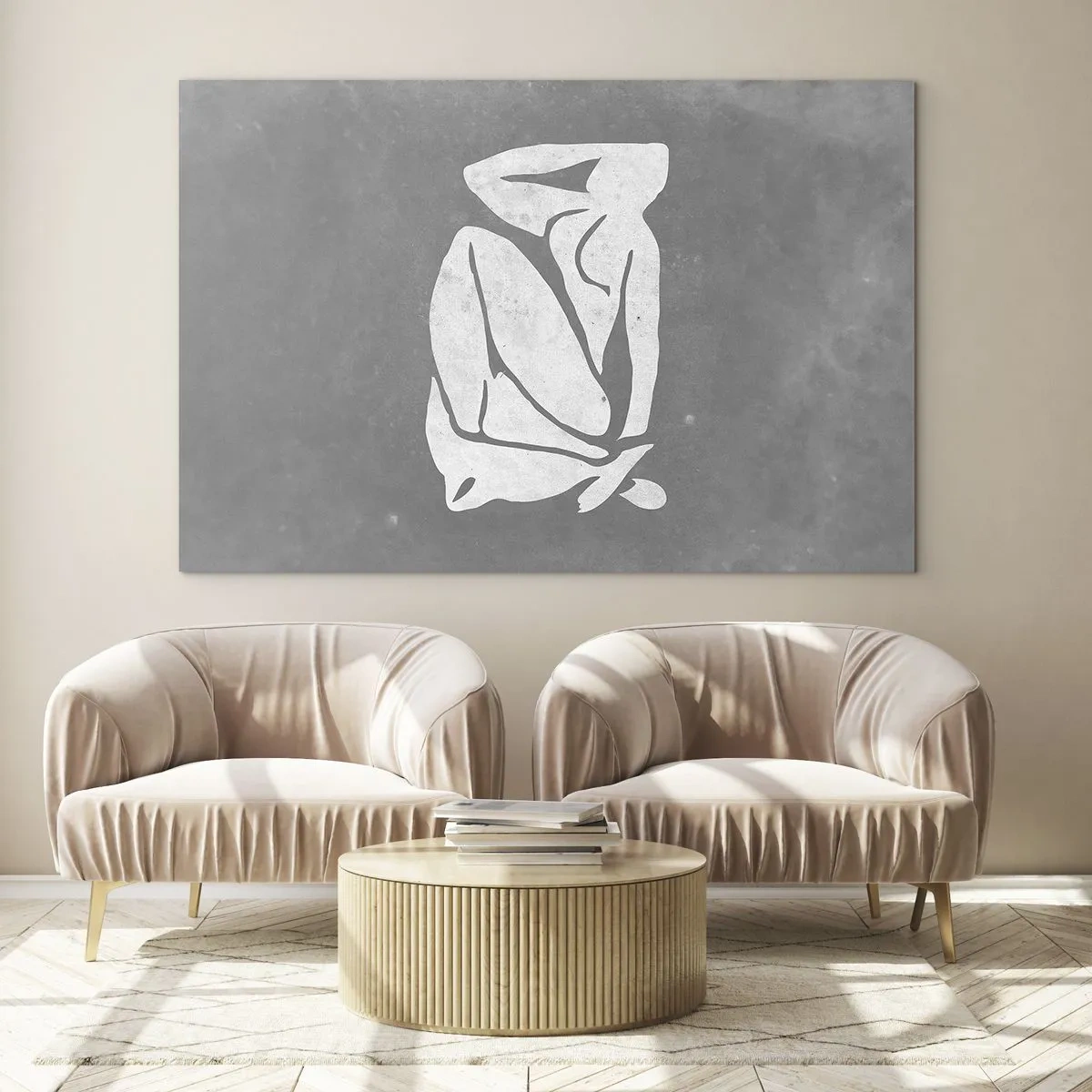 Obraz na szkle - Minimalistyczna sylwetka kobiety na szarym tle - 70x50cm - W zamyśleniu - Nowoczesna dekoracja ścienna do salonu i sypialni ARTTOR