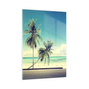 Obraz na szkle - Plaża z palmami i różowym vanem w stylu retro przy morzu - 50x70cm - Wakacje czas zacząć - Nowoczesna dekoracja ścienna do salonu, kuchni i sypialni ARTTOR